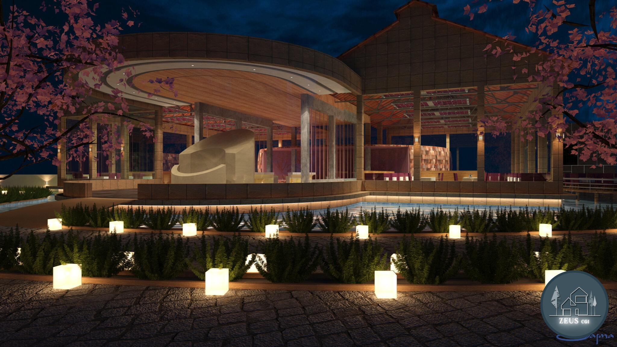Night view of building exterior 3D render in Chandigarh Punjab by ZeusCGI